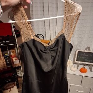 Elegant Black and Tan Dress with Sheer Polka Dot Accents New BY LELIS